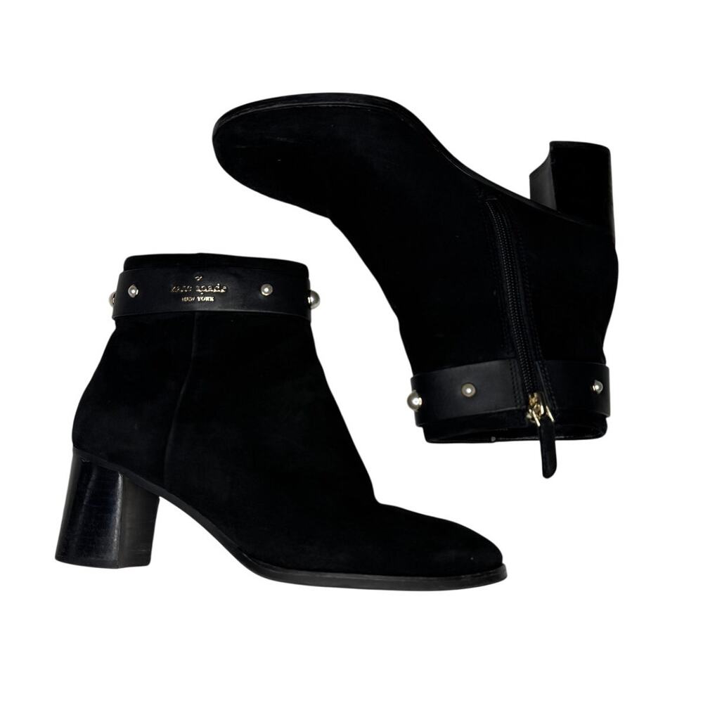Kate Spade Morgan Pearl Booties Women’s 6B Black Suede Block Heel KE796